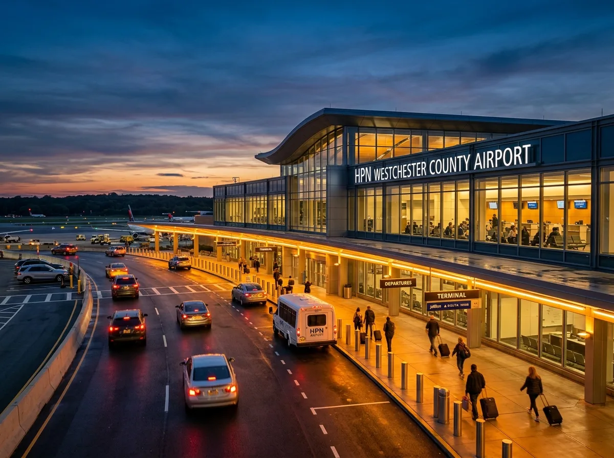 Westchester County Airport HPN terminal exterior at dusk, amber-lit departure lane, sleek modern architecture, cinematic wide shot