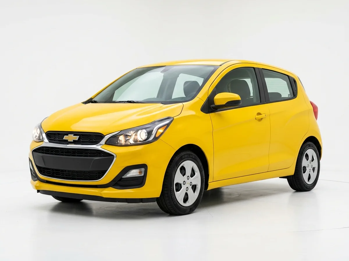 Economy hatchback, yellow, Chevrolet Spark or similar, clean white studio background, three-quarter front view
