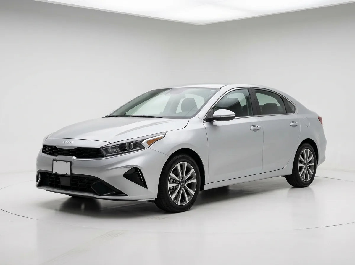 Intermediate sedan, silver, Kia K4 or similar, clean studio background, three-quarter front view