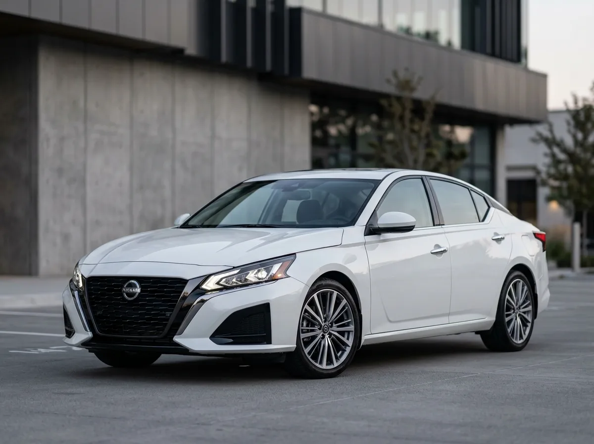 Full-size sedan, white, Nissan Altima or similar, professional three-quarter view against neutral background