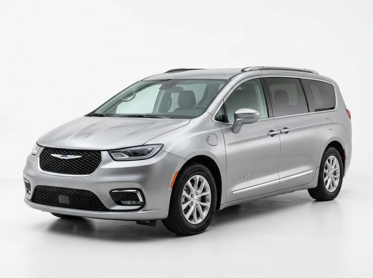 Silver minivan Chrysler Pacifica or similar, family vehicle, three-quarter front view on white background