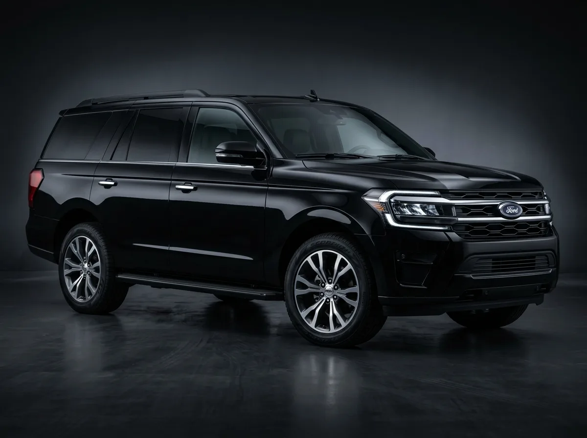 Full-size SUV black Ford Expedition or similar, large premium vehicle, studio three-quarter view on dark background