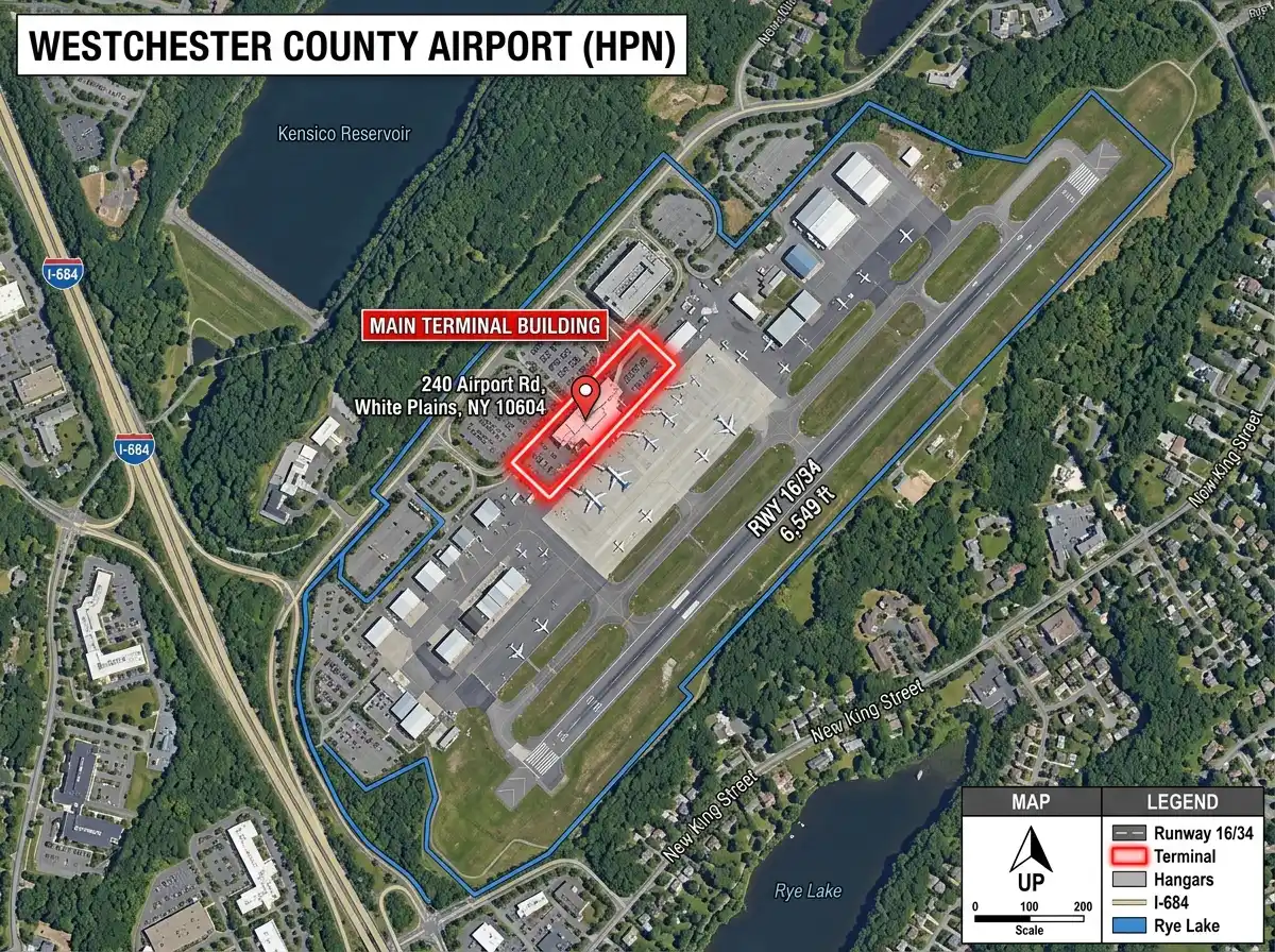 Map showing Westchester County Airport HPN location at 240 Airport Rd White Plains NY, terminal building highlighted, aerial satellite view