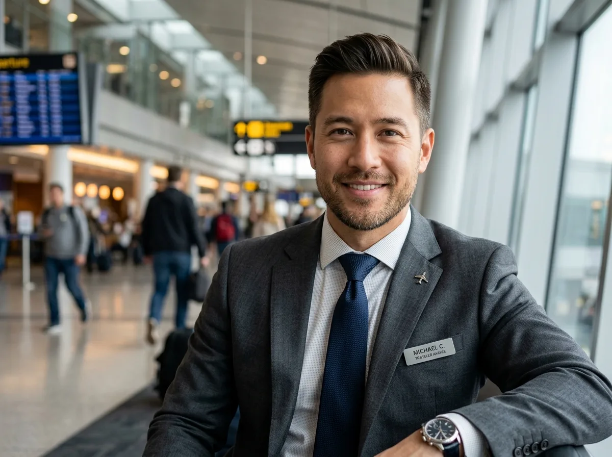 Traveler avatar, professional man in business attire, headshot style portrait
