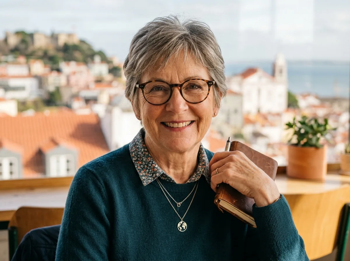Traveler avatar, older woman with glasses, professional headshot style