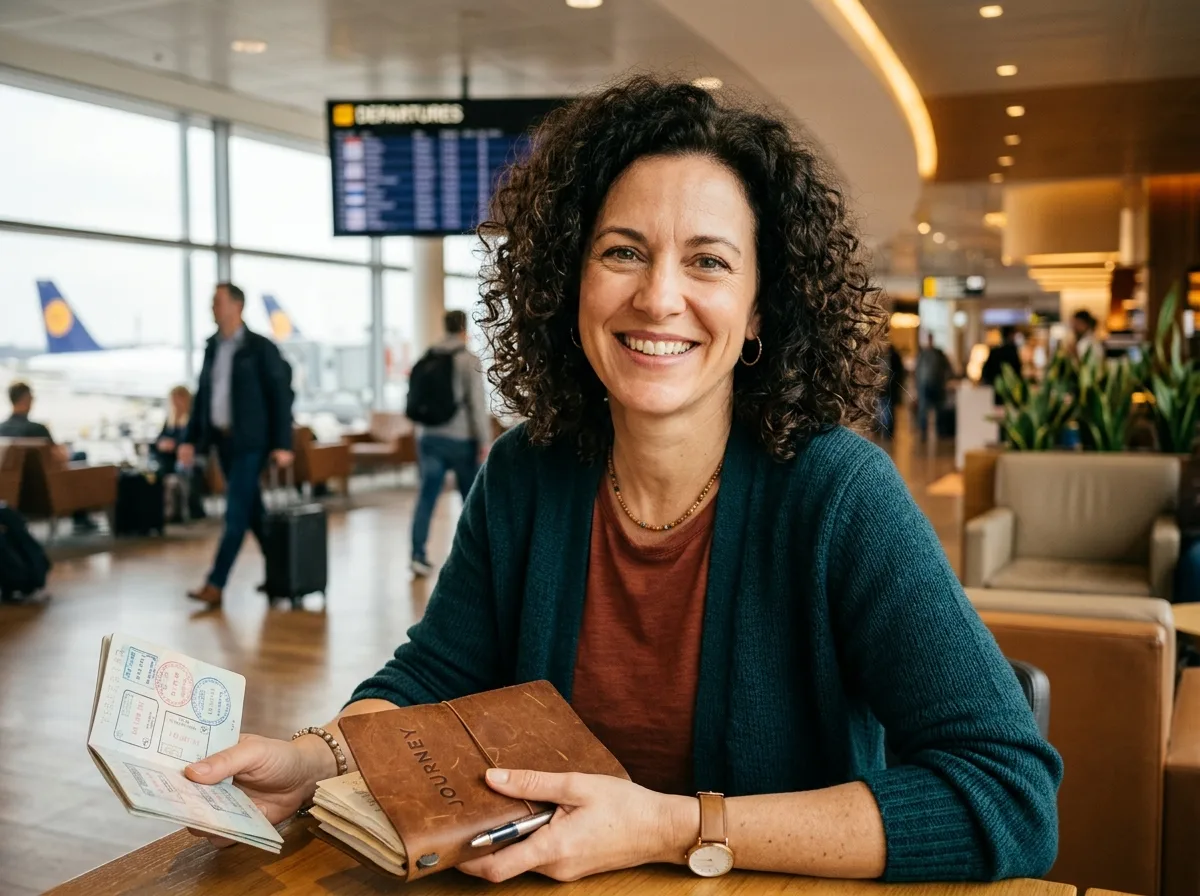 Traveler avatar, woman in her 40s with curly hair, warm professional portrait